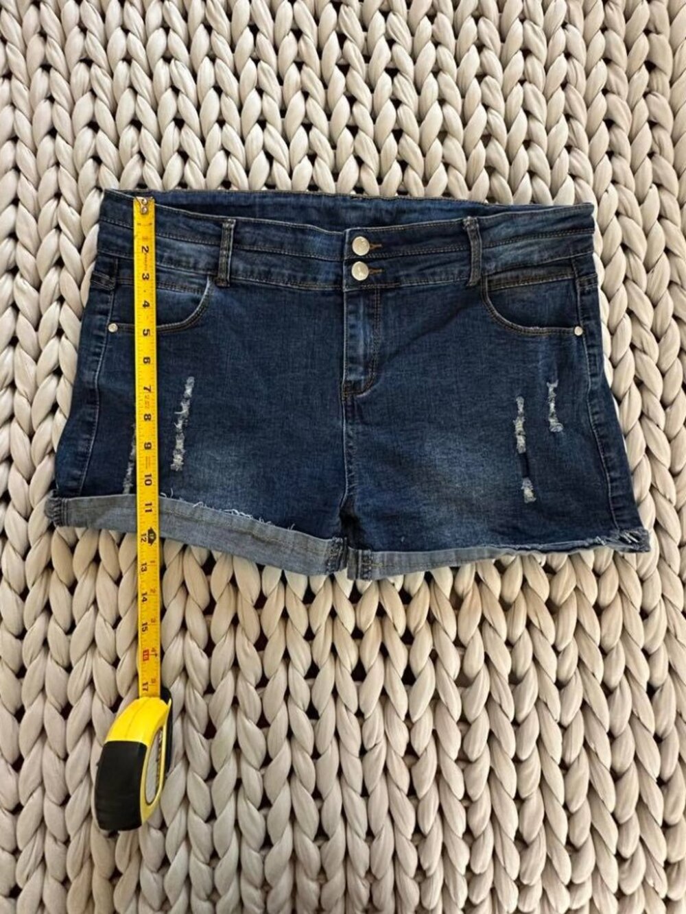 Size 14 / XL Distressed High Rise Double Button Cuffed Jean Shorts Dark Wash